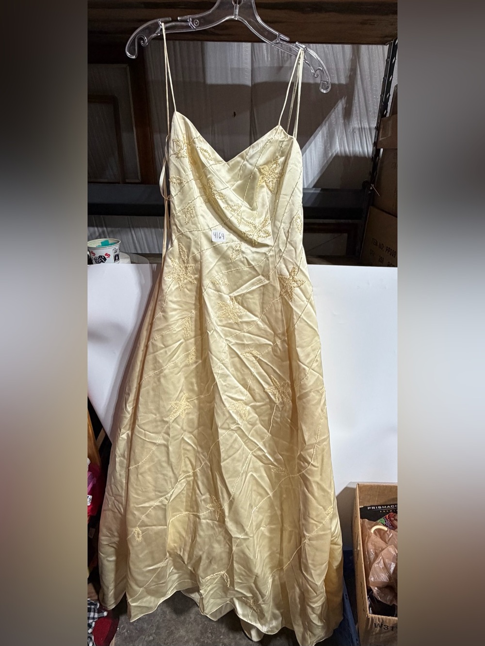 #4164-Jodi Kristopher Champagne Satin Slip Prom Dress with Star Embroidery